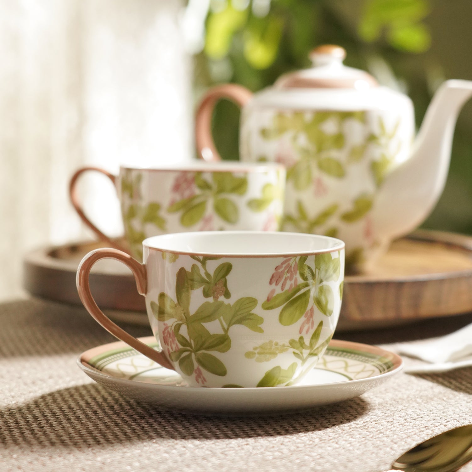 Set of 2 Pink Printed Bone China Tea Cups & Saucers