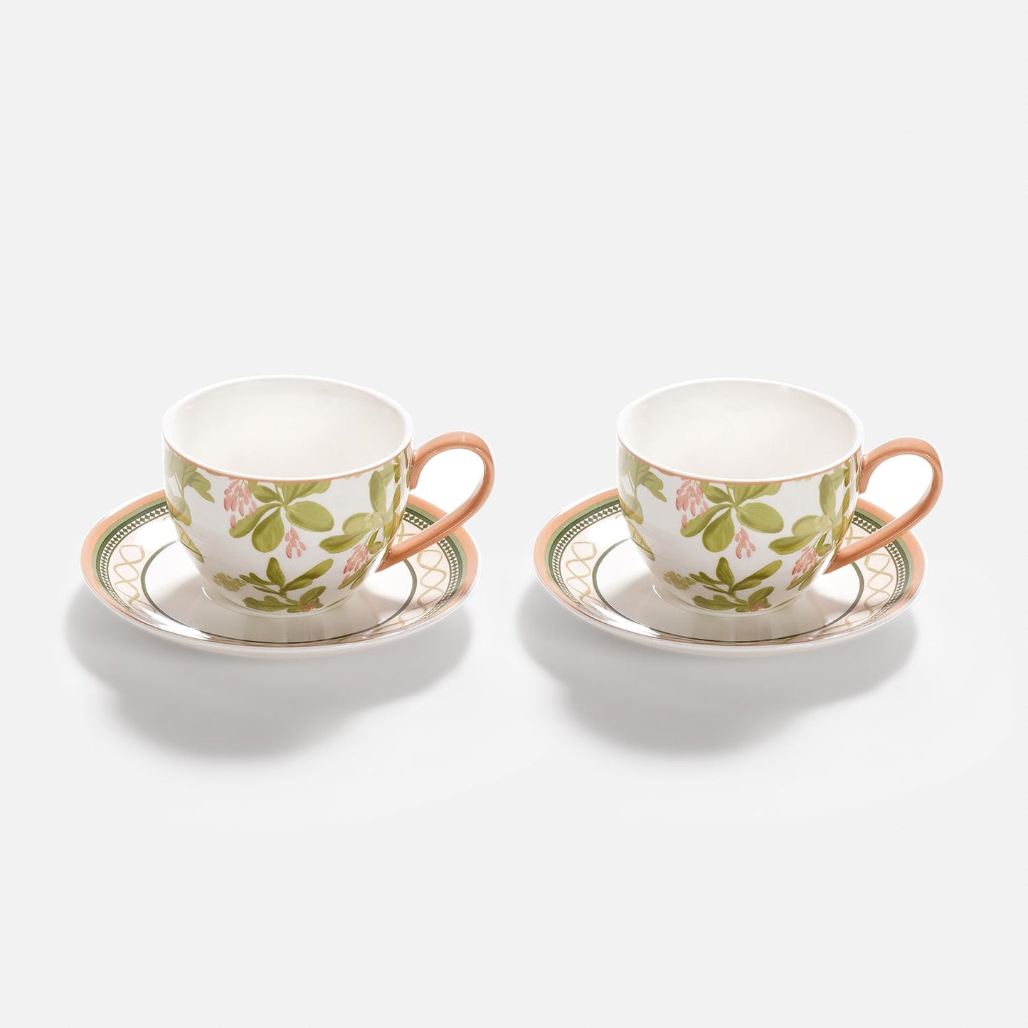 Set of 2 Pink Printed Bone China Tea Cups & Saucers