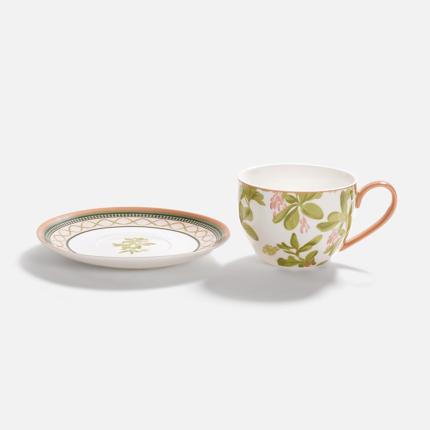 Set of 2 Pink Printed Bone China Tea Cups & Saucers