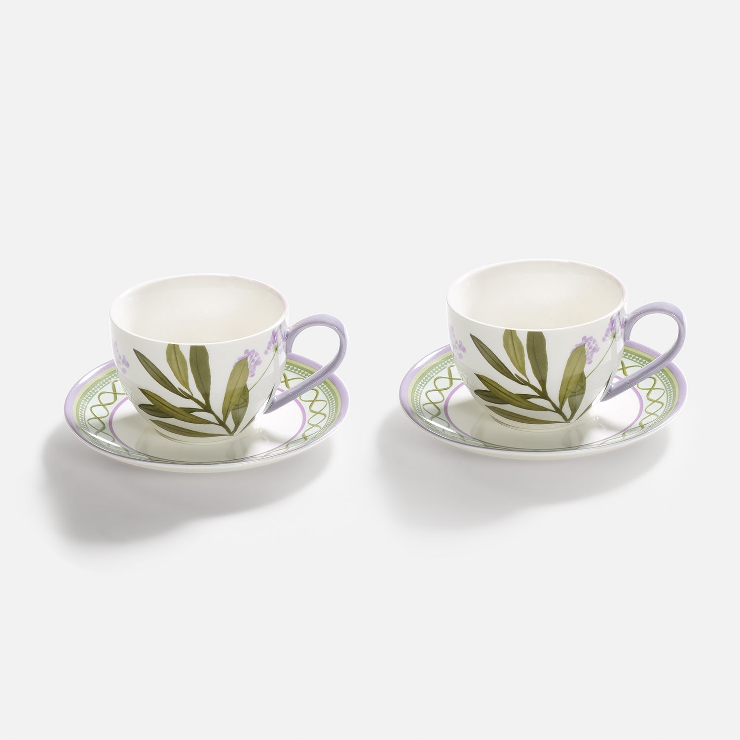 Set of 2 Purple Prined Bone China Tea Cups & Saucers