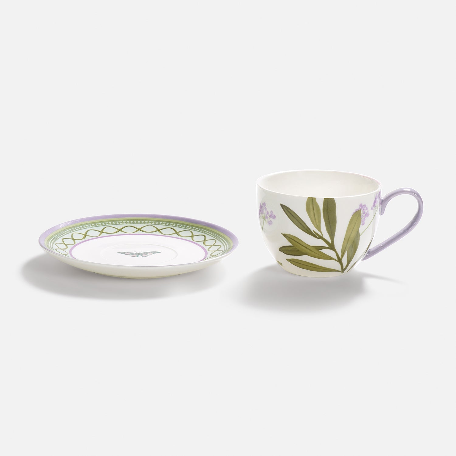 Set of 2 Purple Prined Bone China Tea Cups & Saucers