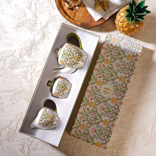 Set of 3 Green Floral Printed Bone China Tea Set