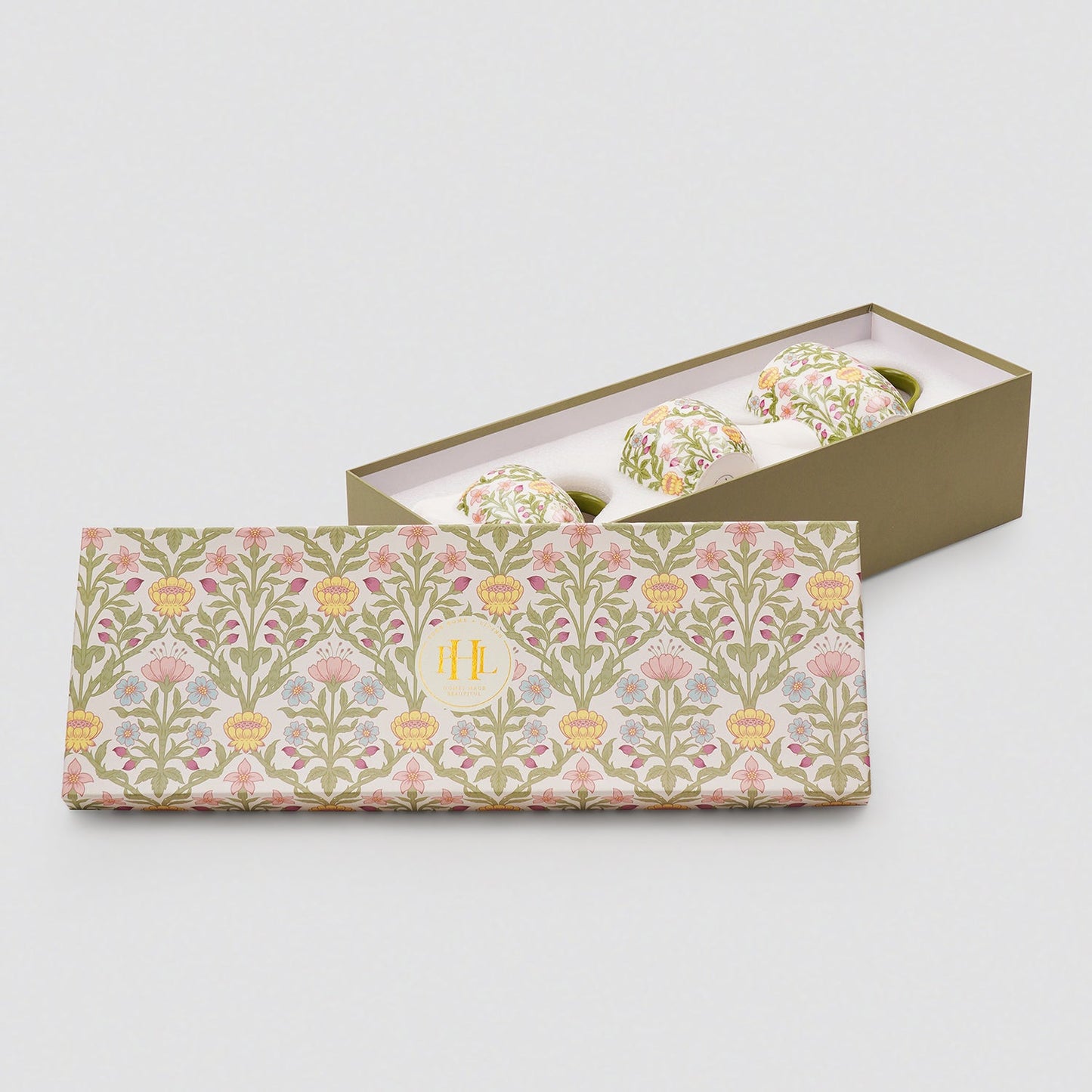 Set of 3 Green Floral Printed Bone China Tea Set