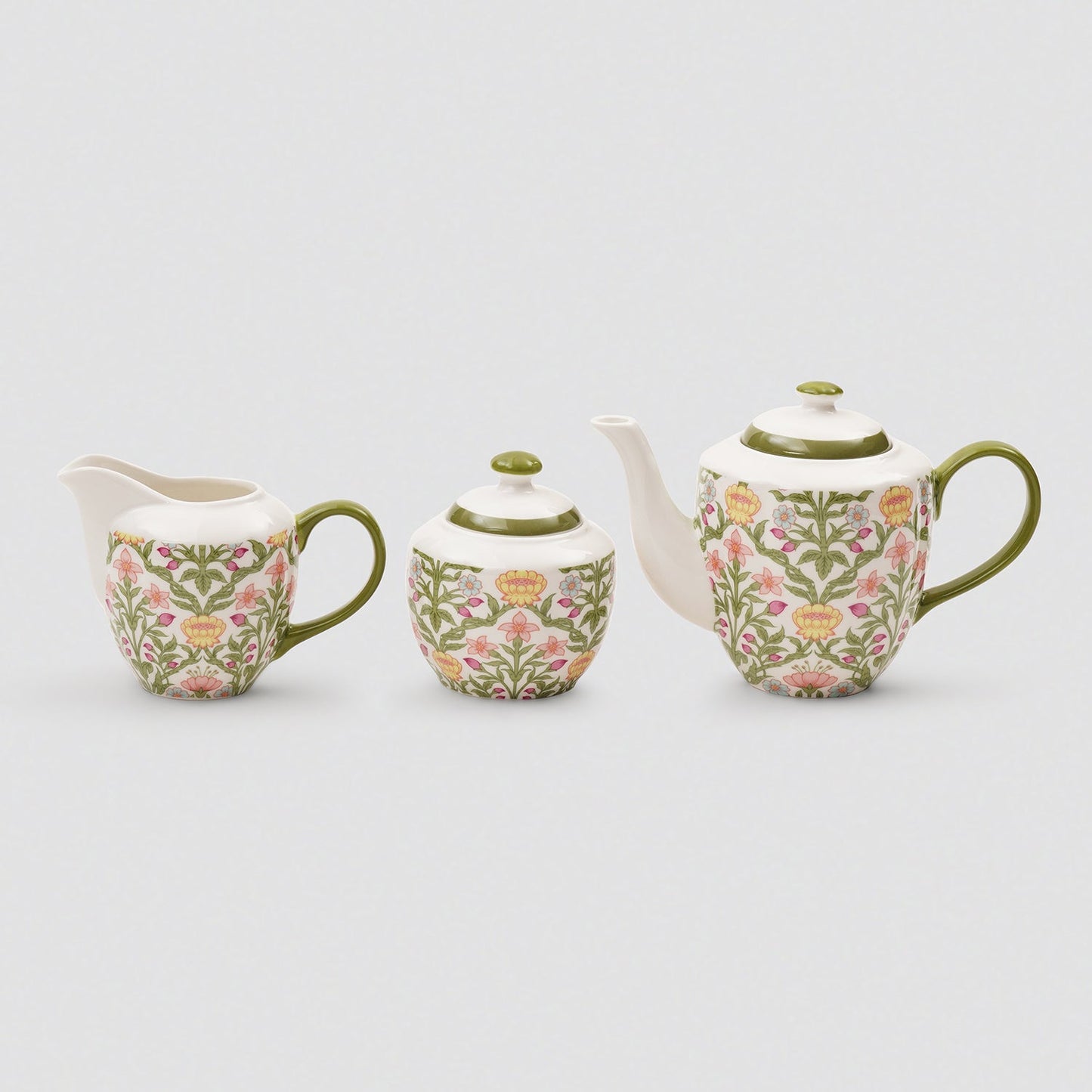 Set of 3 Green Floral Printed Bone China Tea Set