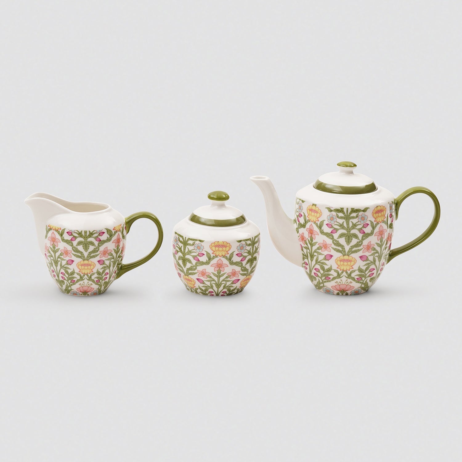 Set of 3 Green Floral Printed Bone China Tea Set