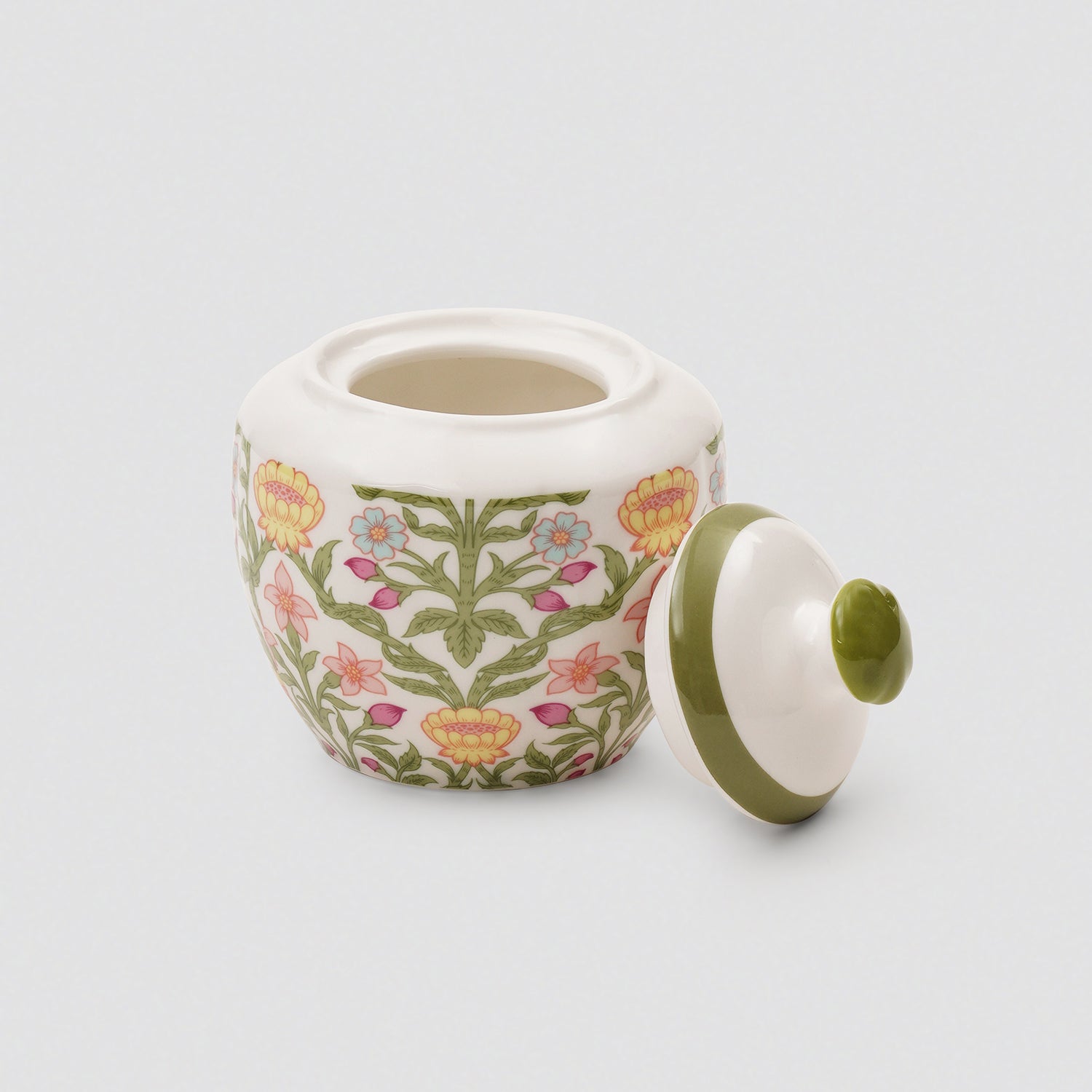 Set of 3 Green Floral Printed Bone China Tea Set