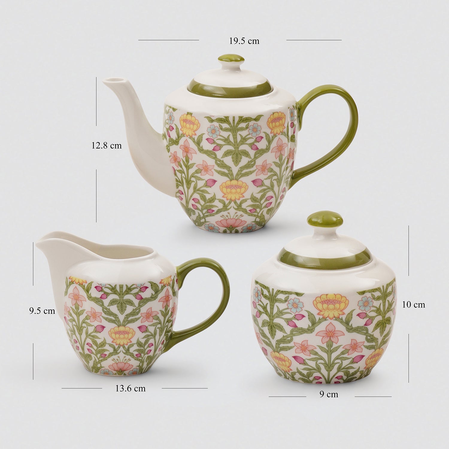 Set of 3 Green Floral Printed Bone China Tea Set