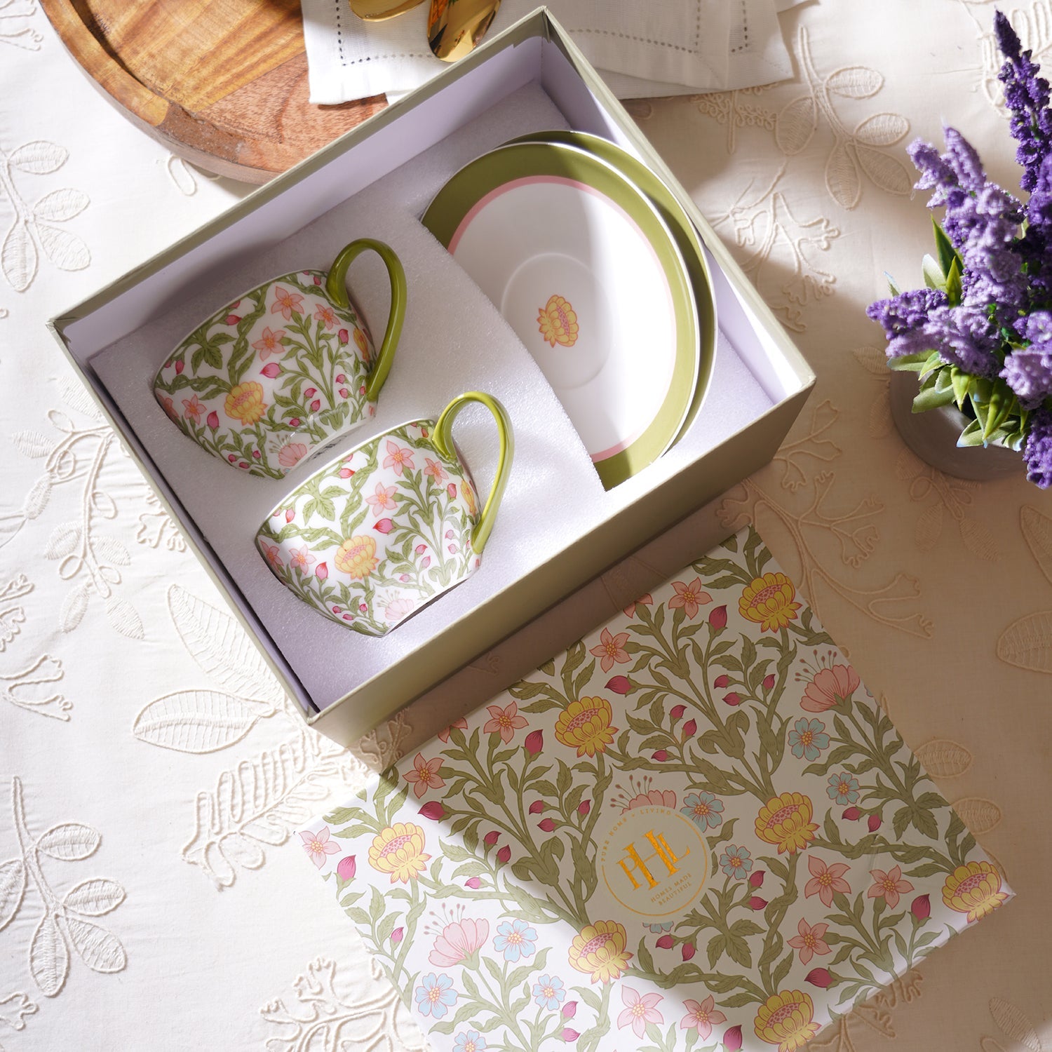 Set of 2 Green Prined Bone China Tea Cups & Saucers