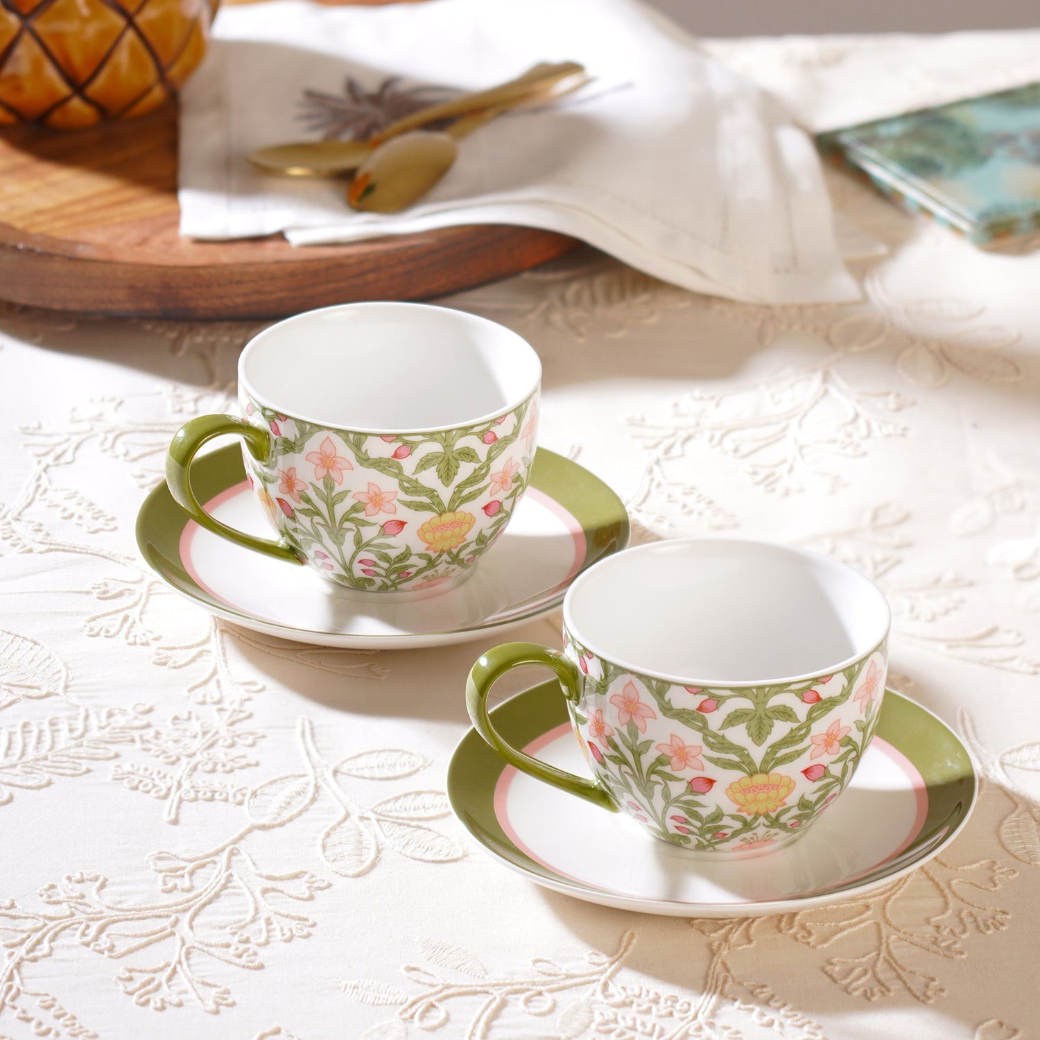 Set of 2 Green Prined Bone China Tea Cups & Saucers