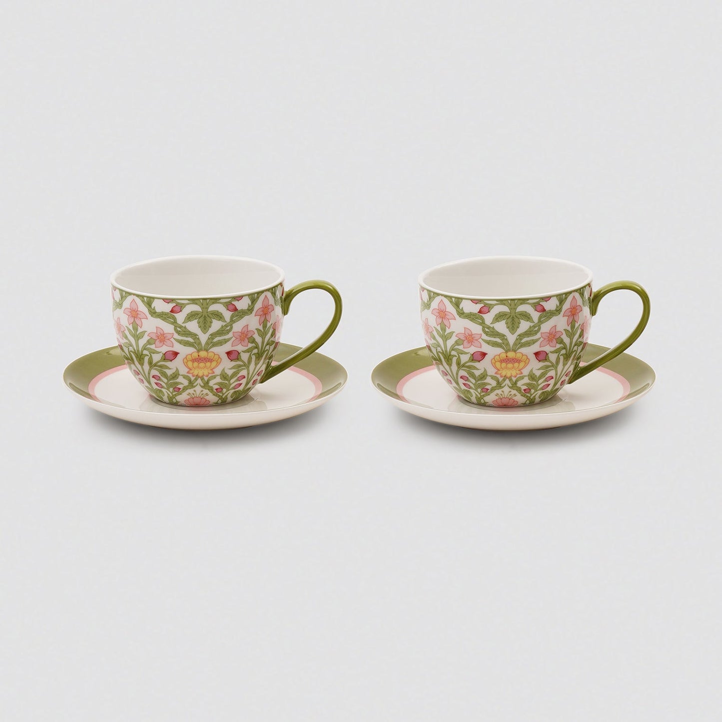 Set of 2 Green Prined Bone China Tea Cups & Saucers
