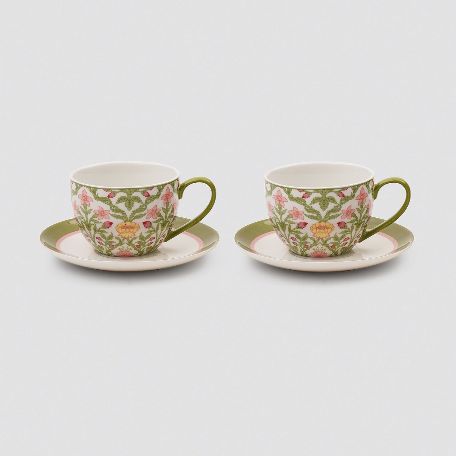 Set of 2 Green Prined Bone China Tea Cups & Saucers