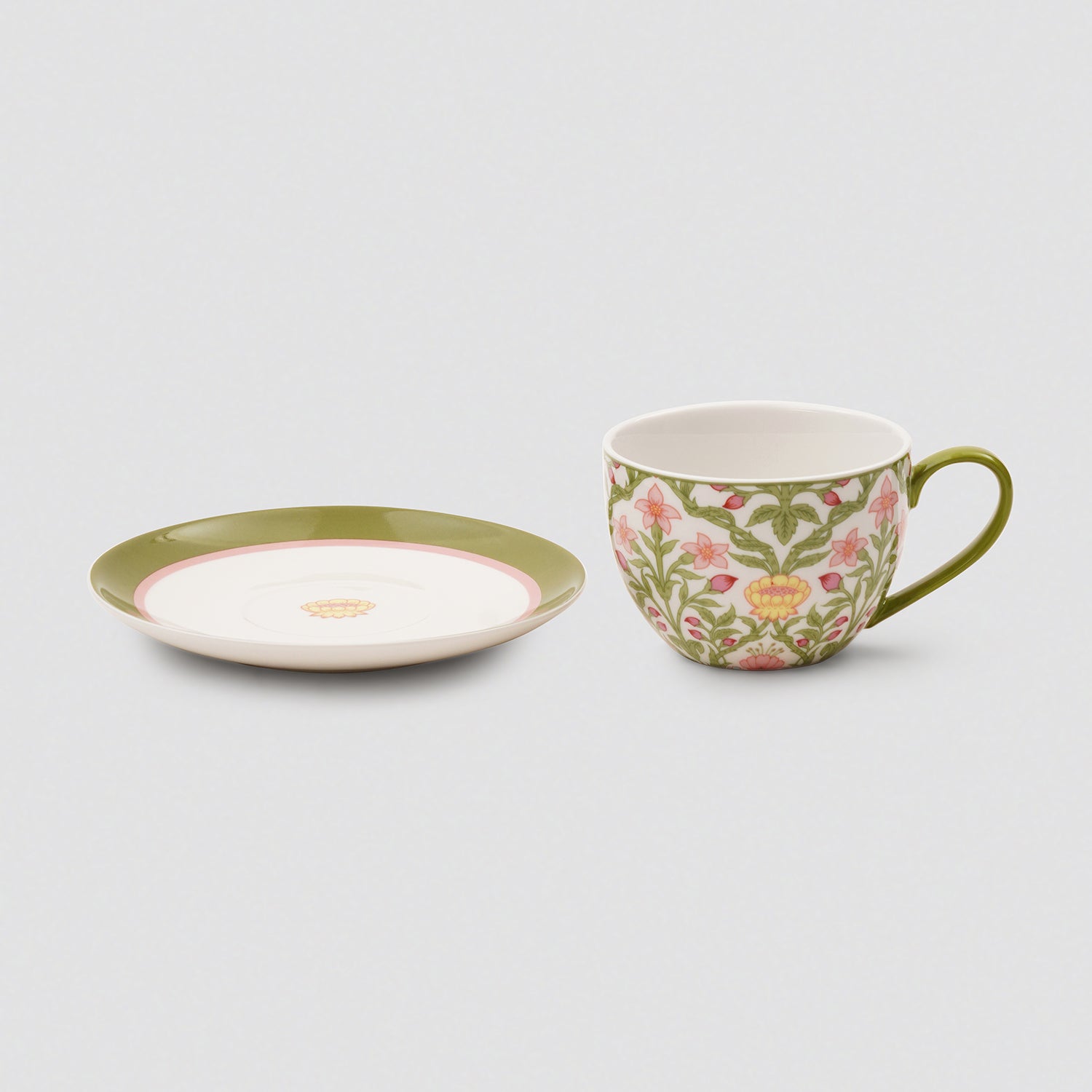 Set of 2 Green Prined Bone China Tea Cups & Saucers