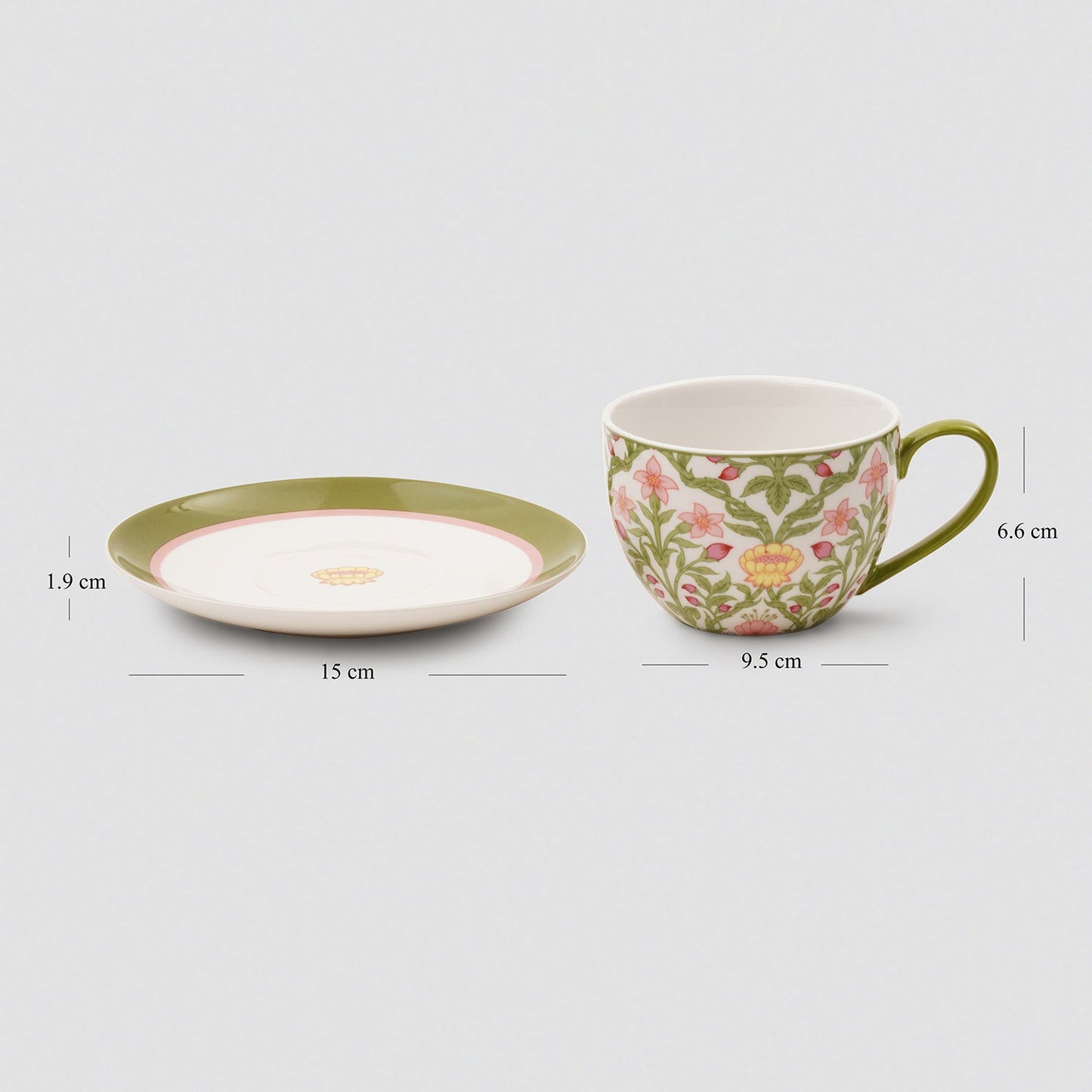Set of 2 Green Prined Bone China Tea Cups & Saucers