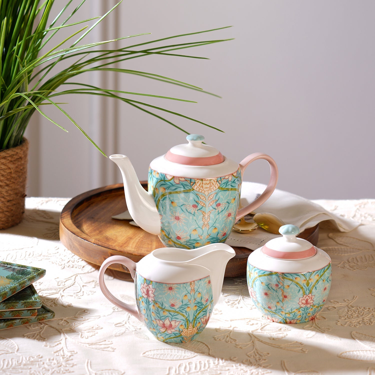 Set of 3 Blue Floral Printed Bone China Tea Set