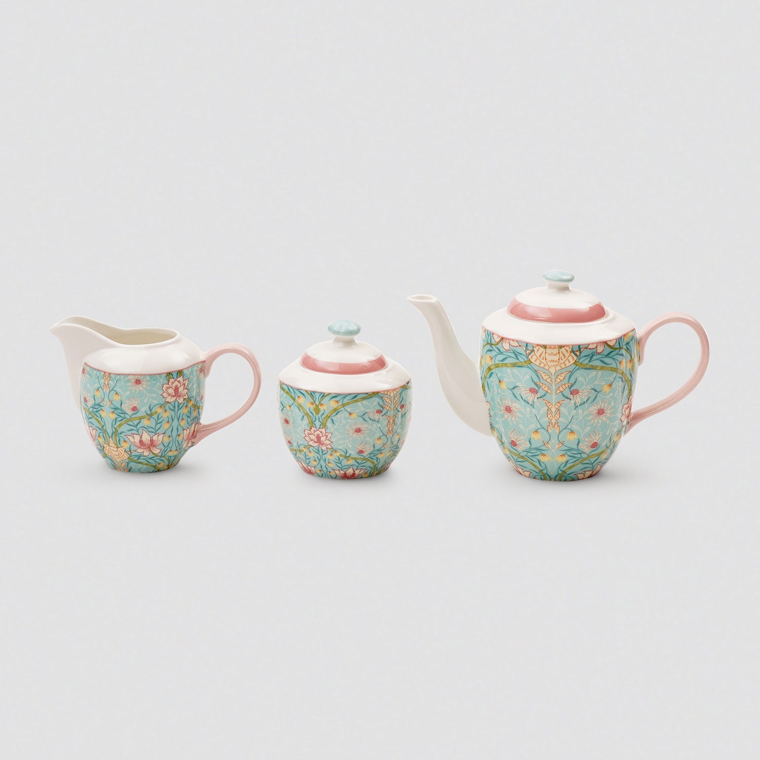 Set of 3 Blue Floral Printed Bone China Tea Set
