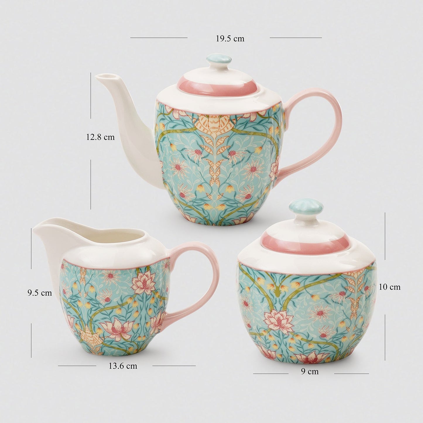 Set of 3 Blue Floral Printed Bone China Tea Set