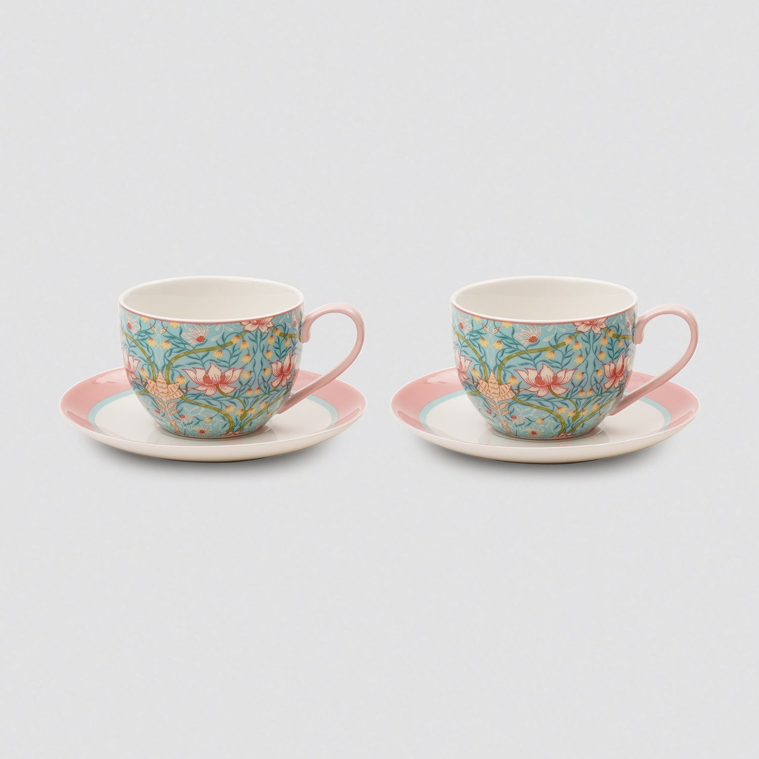Set of 2 Blue Prined Bone China Tea Cups & Saucers