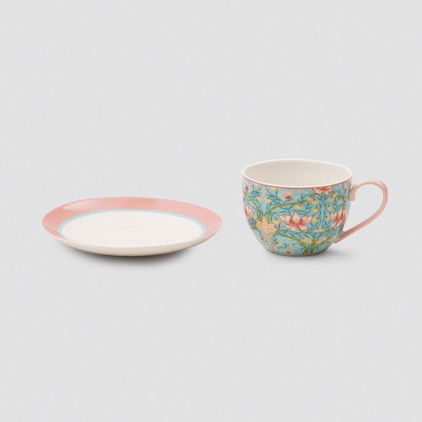 Set of 2 Blue Prined Bone China Tea Cups & Saucers