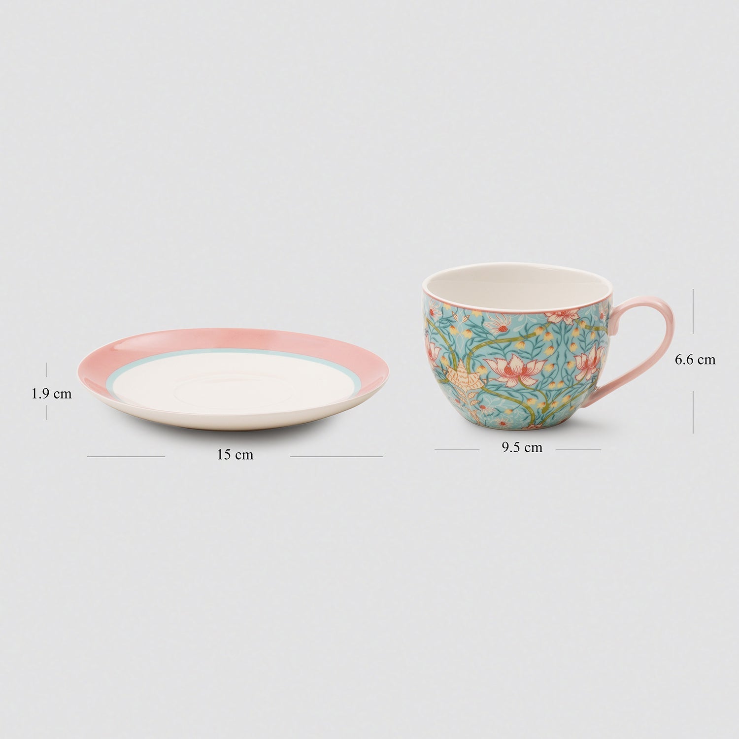 Set of 2 Blue Prined Bone China Tea Cups & Saucers