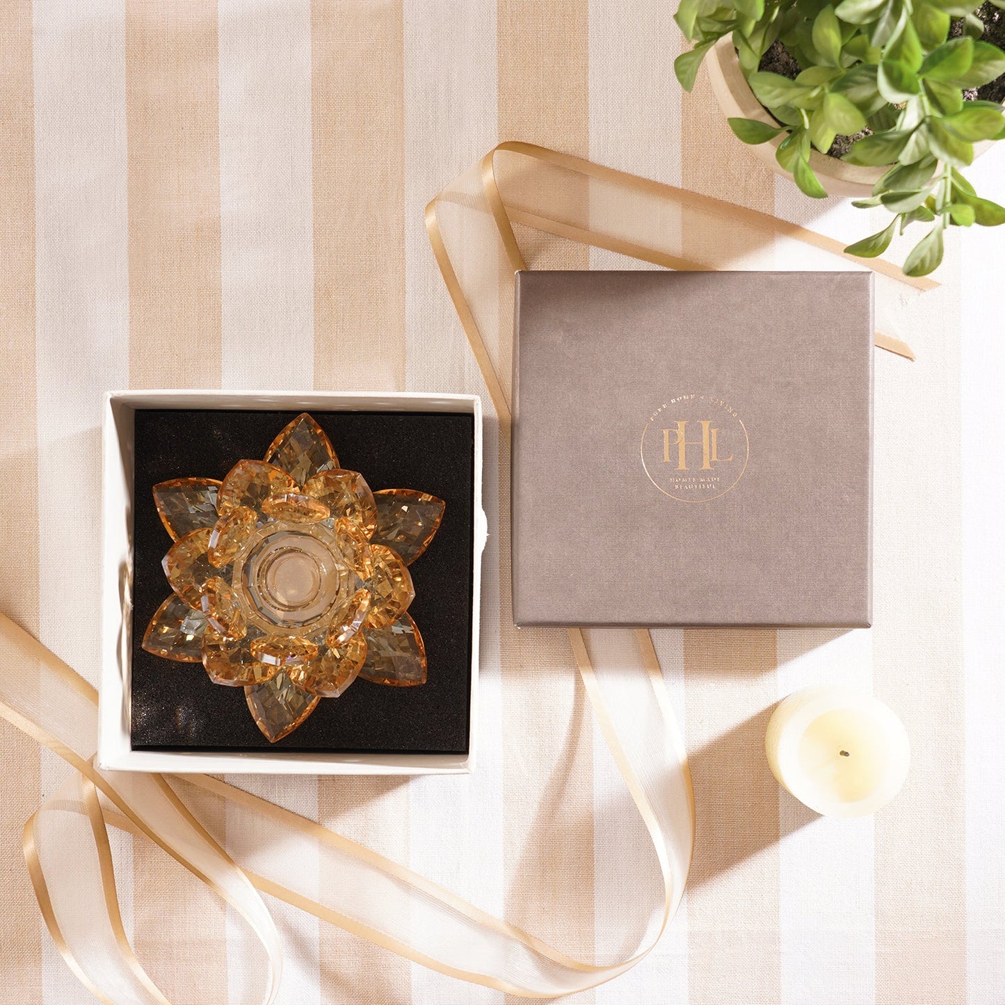 Amber Crystal Lotus Shaped Candle Holder
