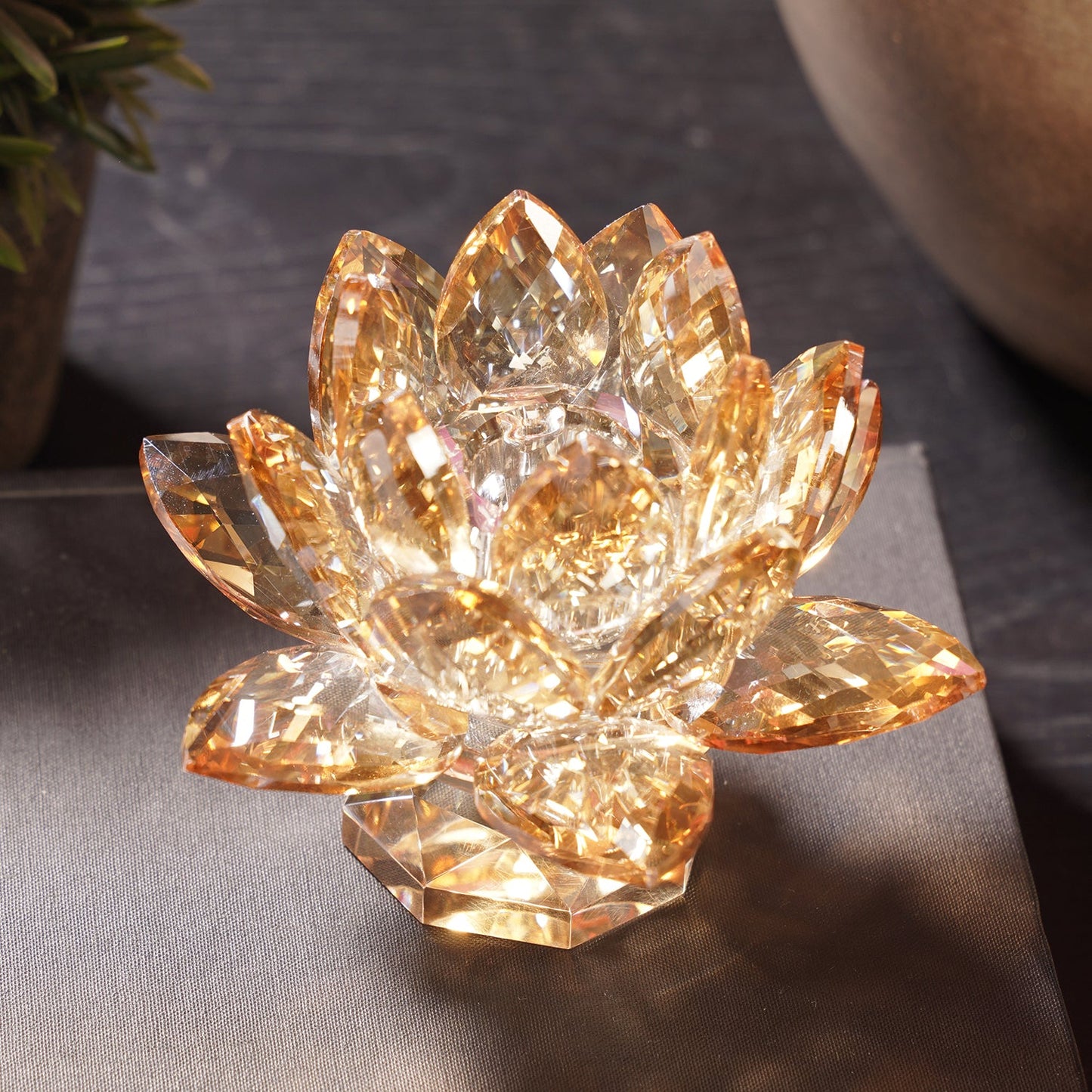 Amber Crystal Lotus Shaped Candle Holder