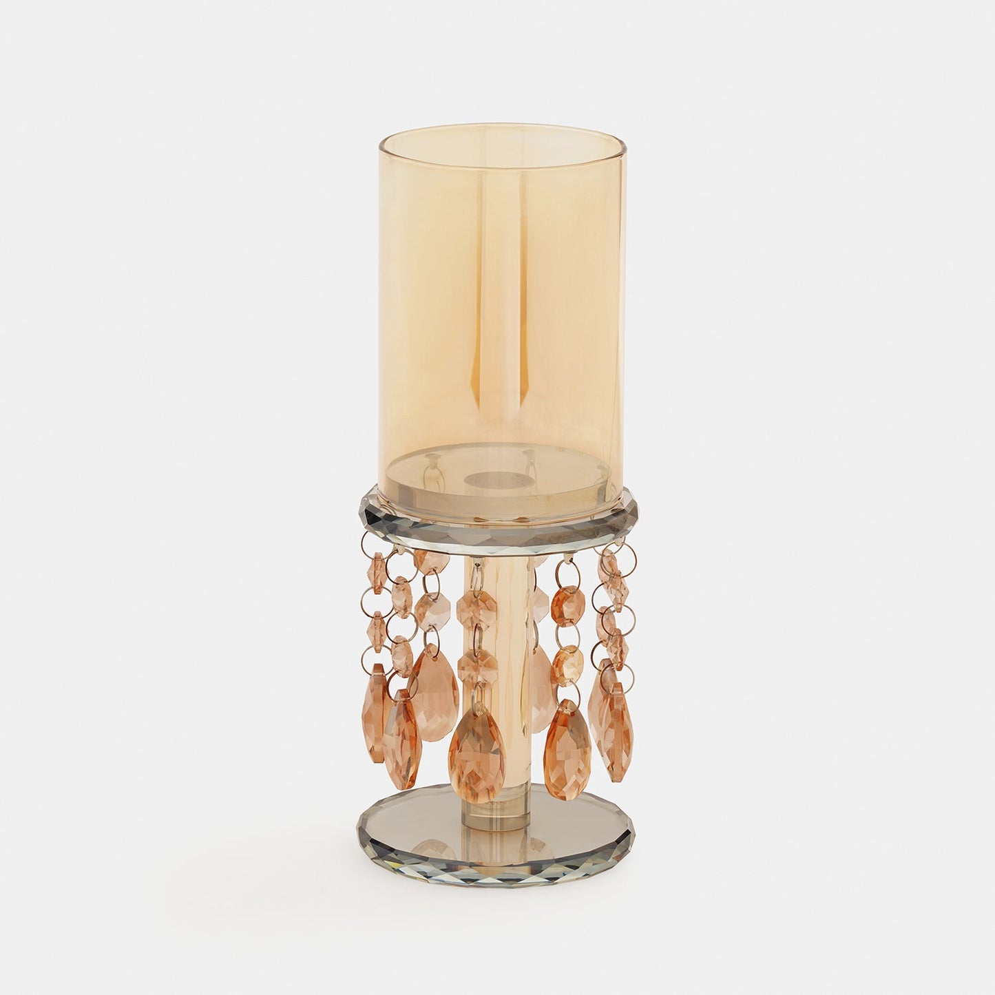Light Amber Glass Candle Holder With Hanging Crystals