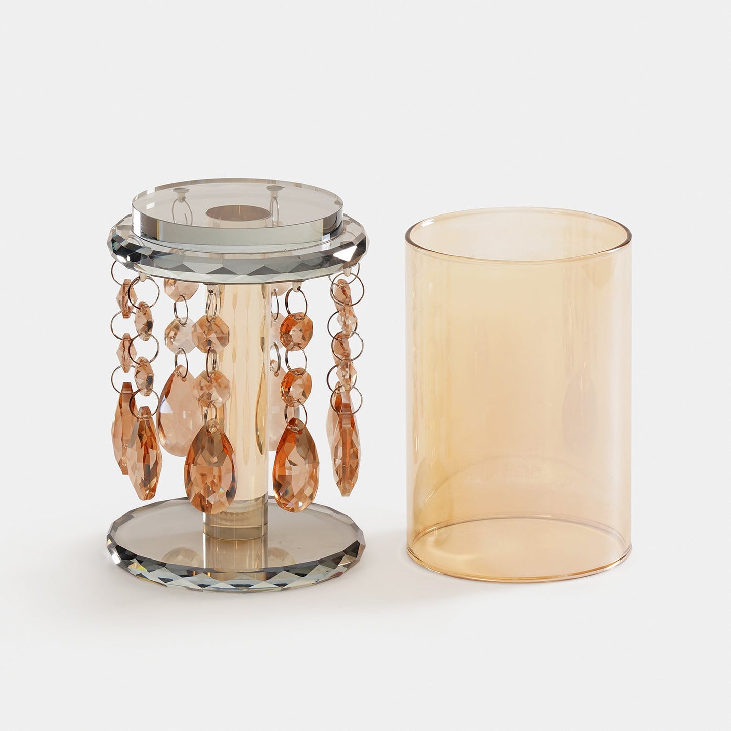 Light Amber Glass Candle Holder With Hanging Crystals