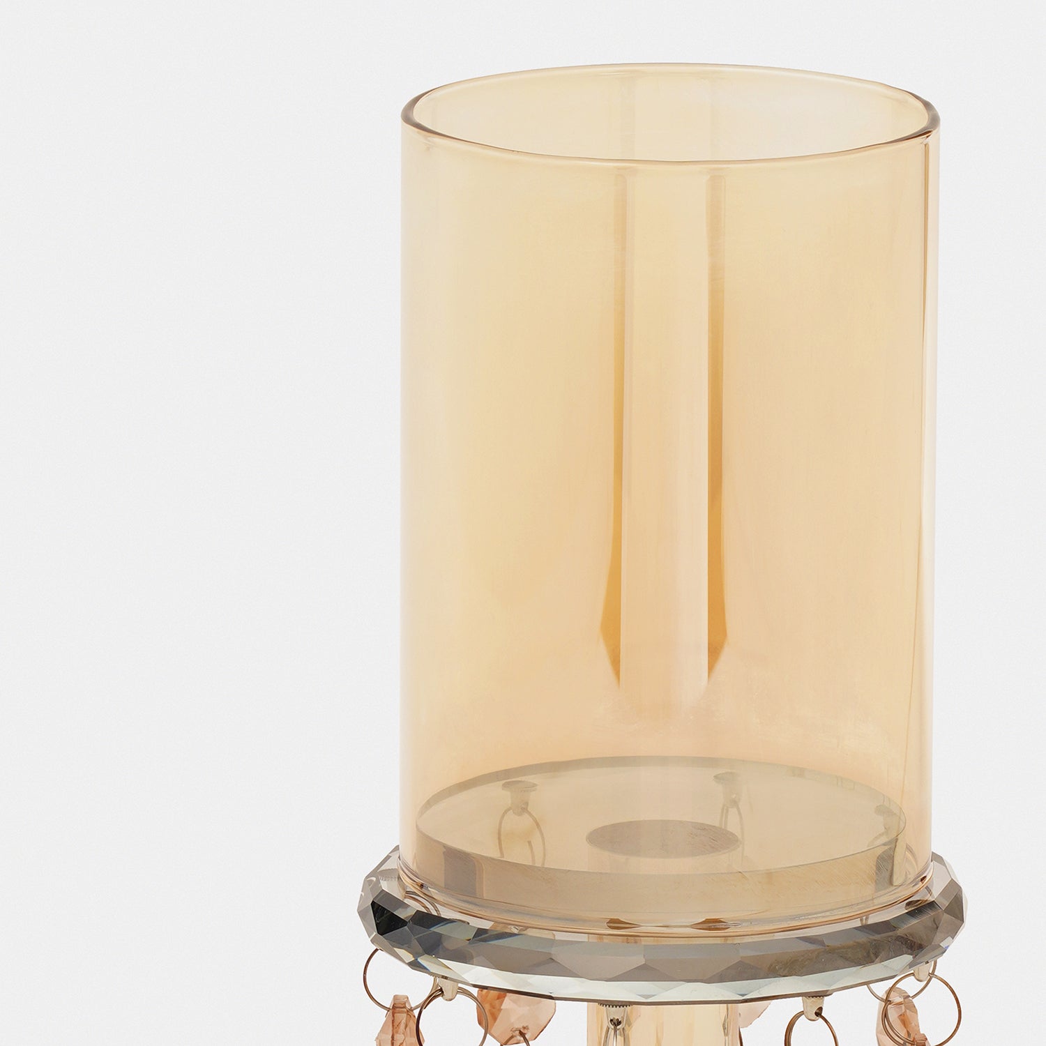 Light Amber Glass Candle Holder With Hanging Crystals