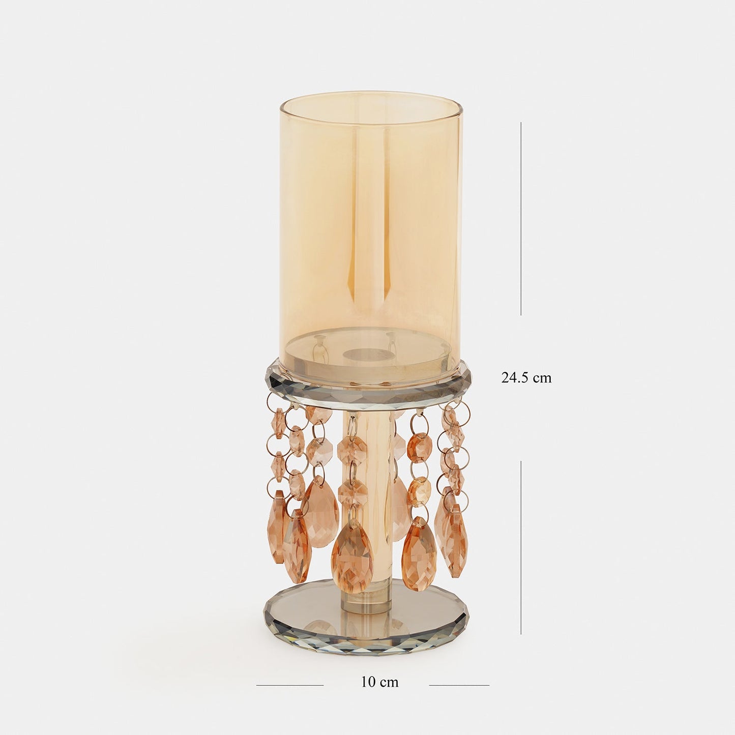 Light Amber Glass Candle Holder With Hanging Crystals