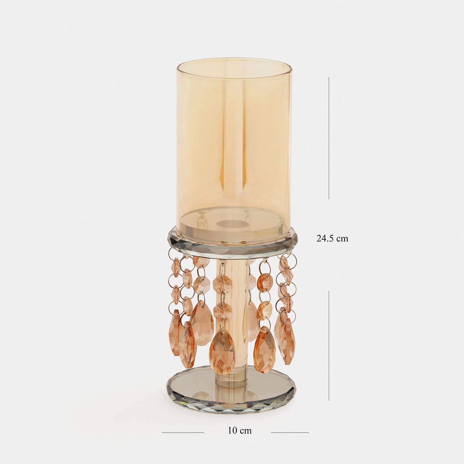 Light Amber Glass Candle Holder With Hanging Crystals