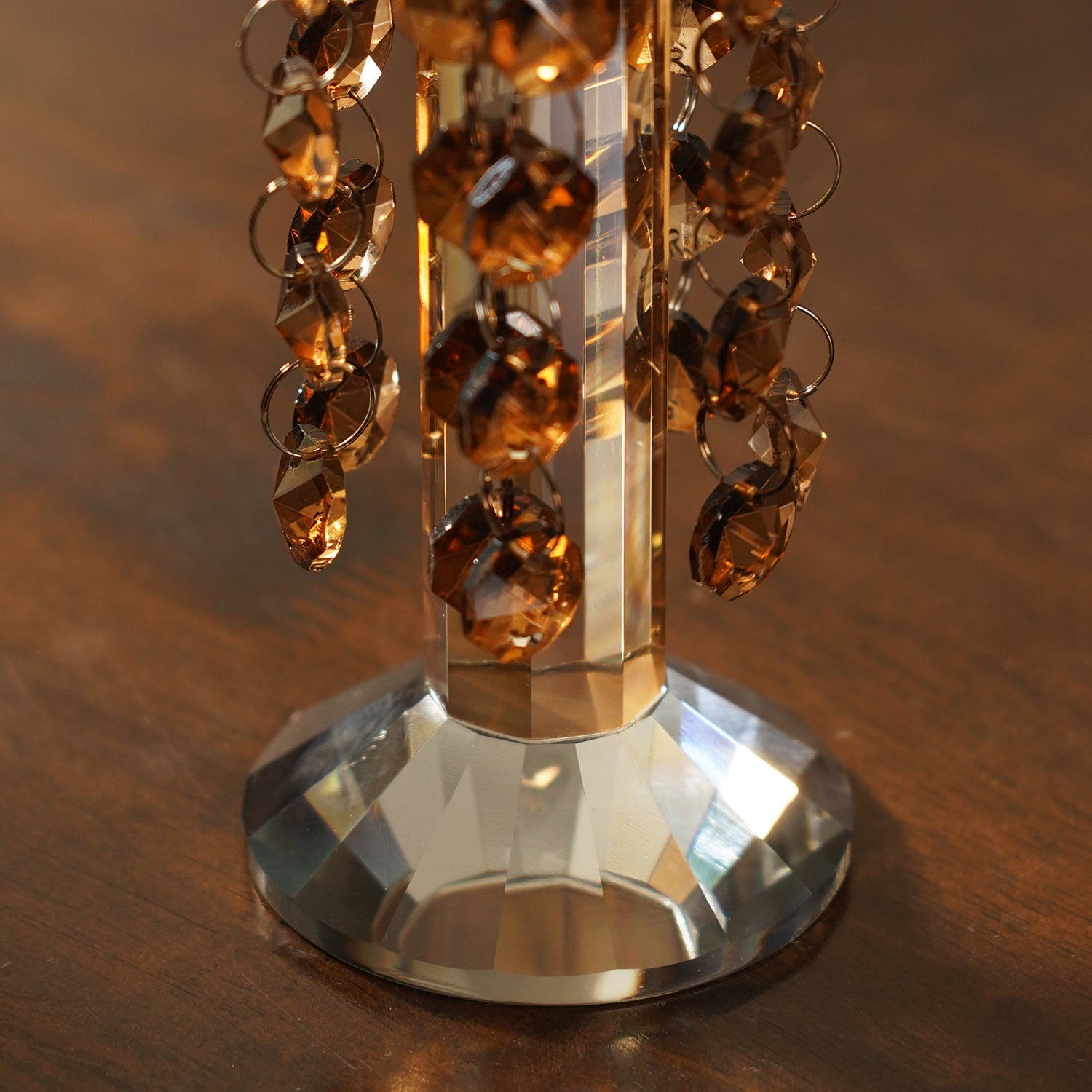 Dark Amber Tapered Candle Holder With Hanging Crystals