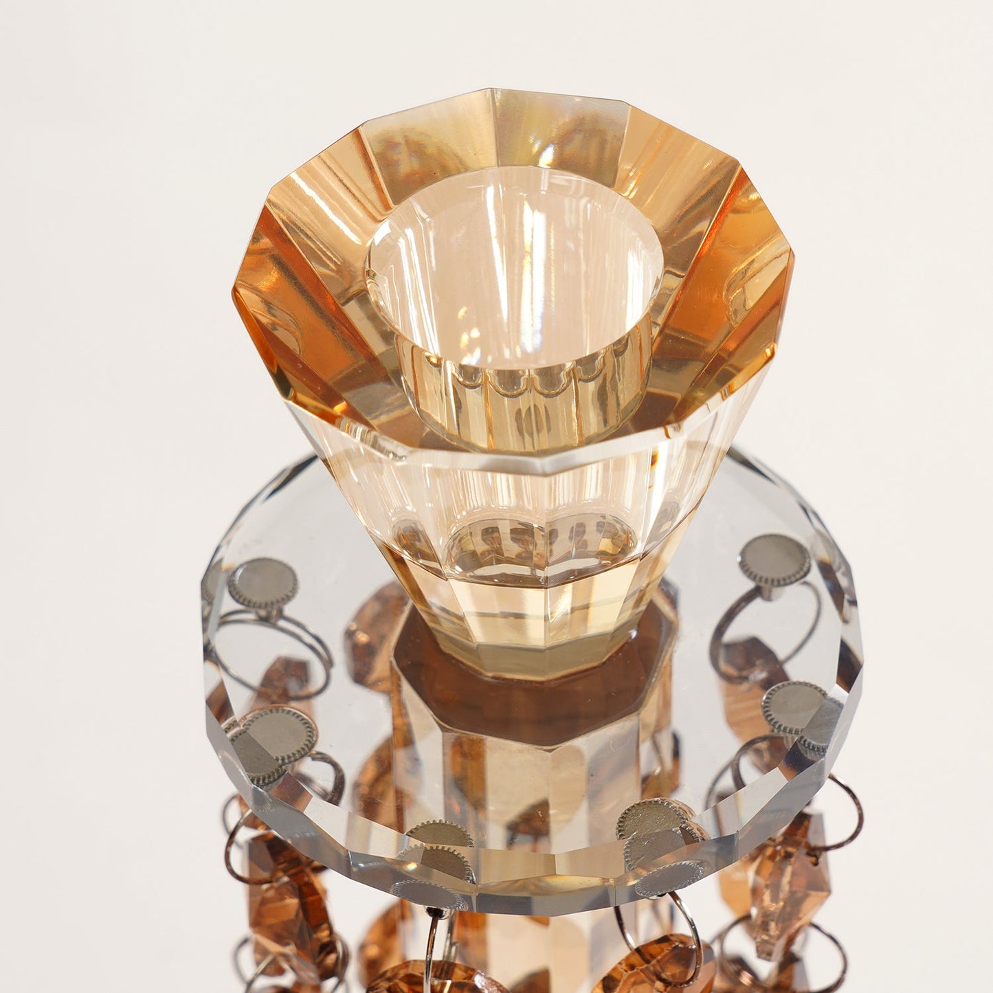 Dark Amber Tapered Candle Holder With Hanging Crystals
