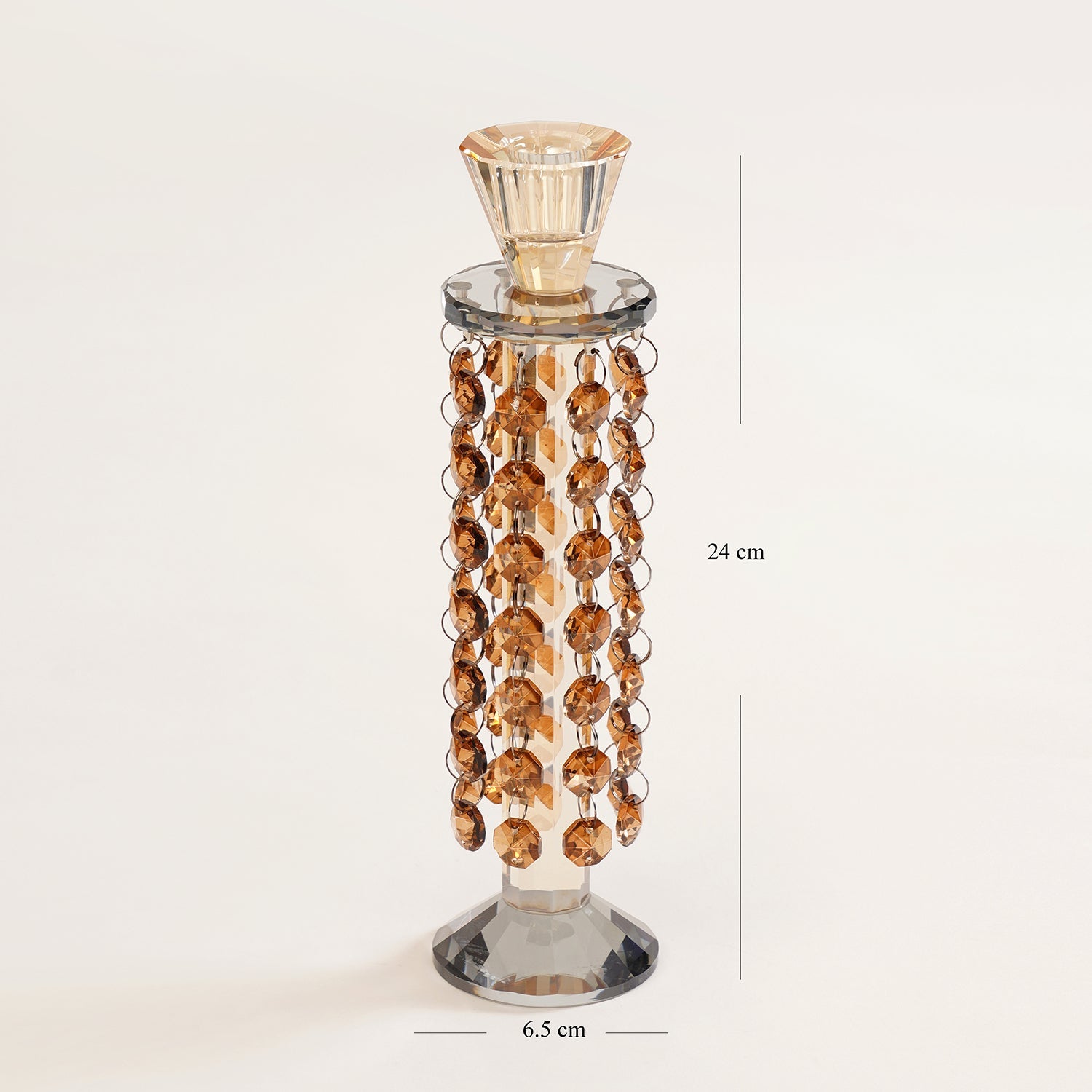 Dark Amber Tapered Candle Holder With Hanging Crystals