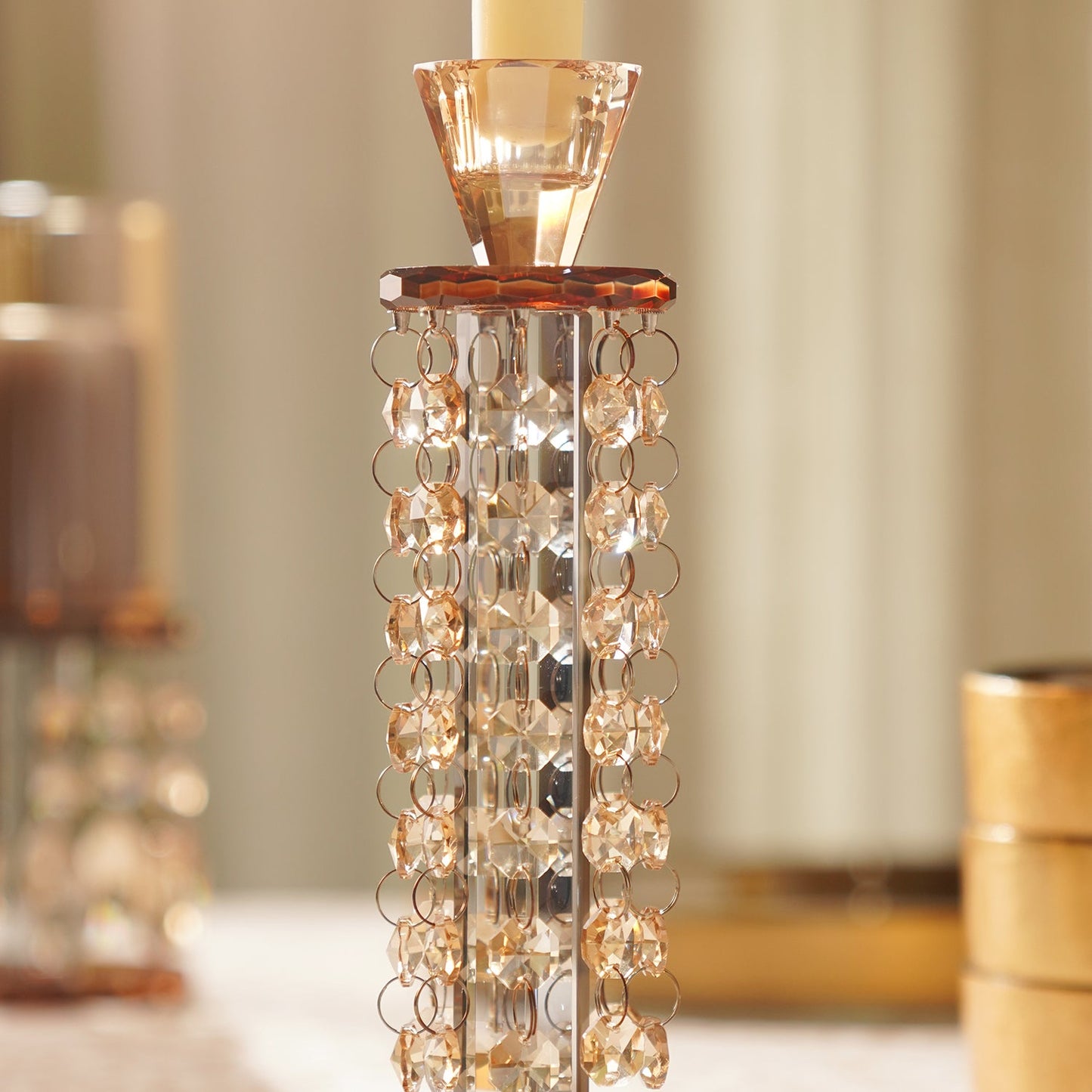 Amber Glass Tapered Candle Holder With Hanging Crystals
