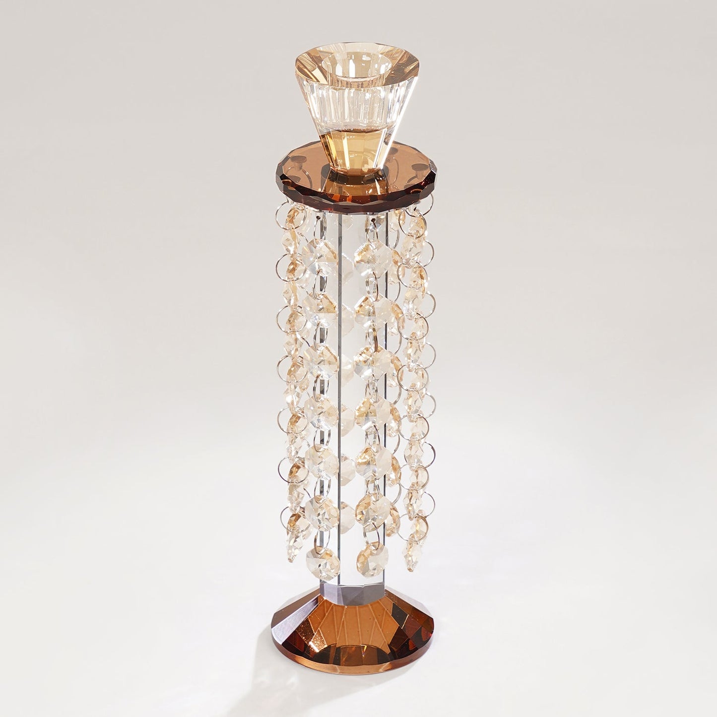 Amber Glass Tapered Candle Holder With Hanging Crystals