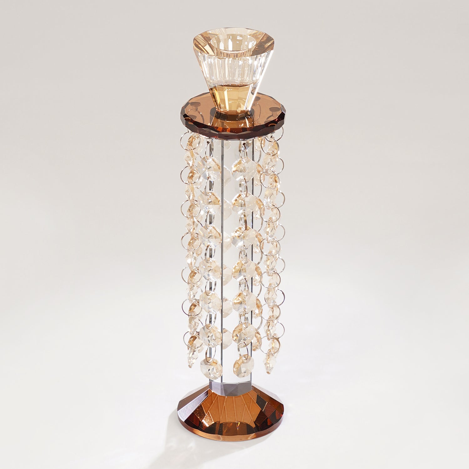Amber Glass Tapered Candle Holder With Hanging Crystals