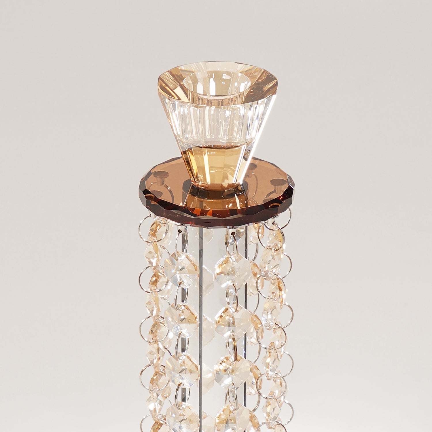Amber Glass Tapered Candle Holder With Hanging Crystals