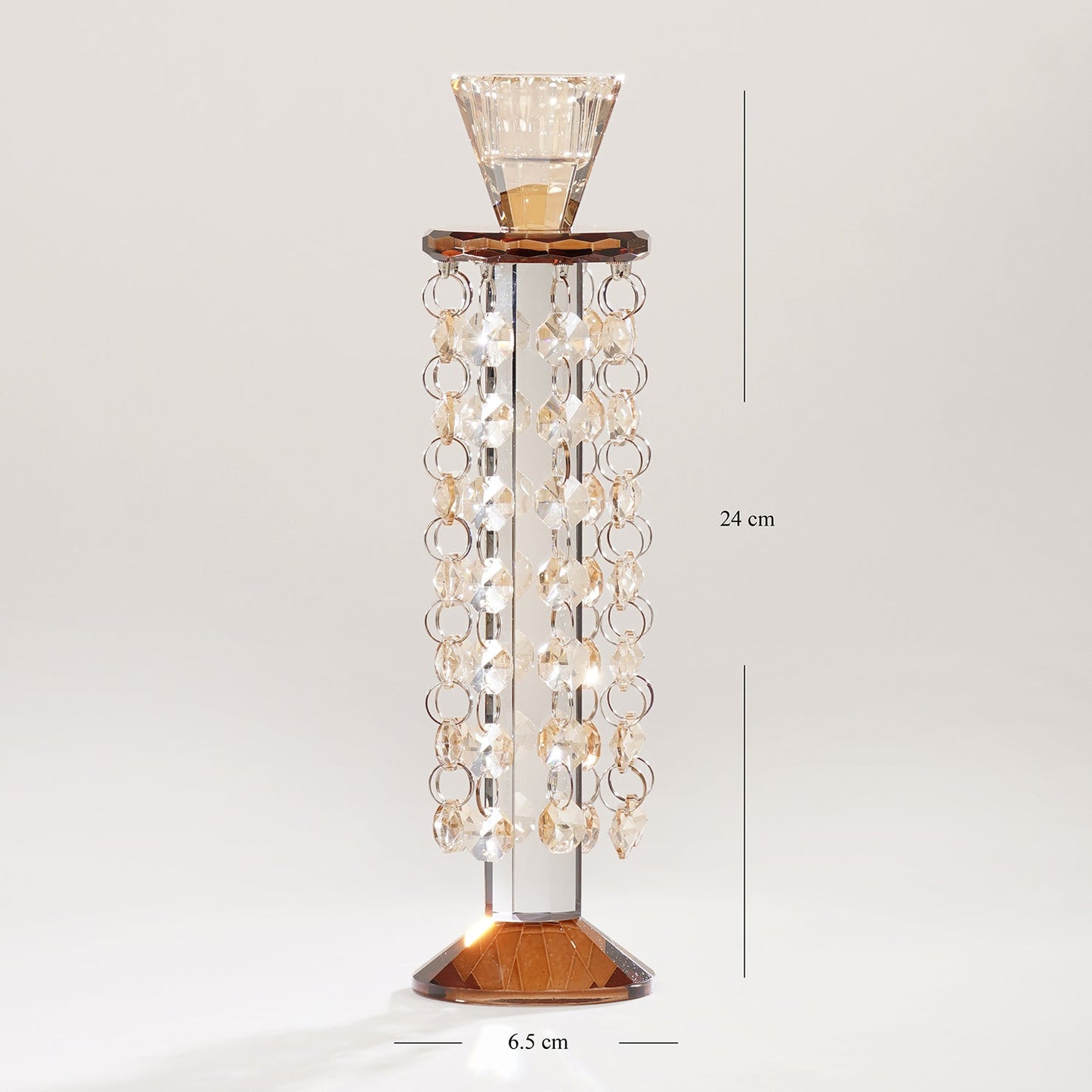 Amber Glass Tapered Candle Holder With Hanging Crystals