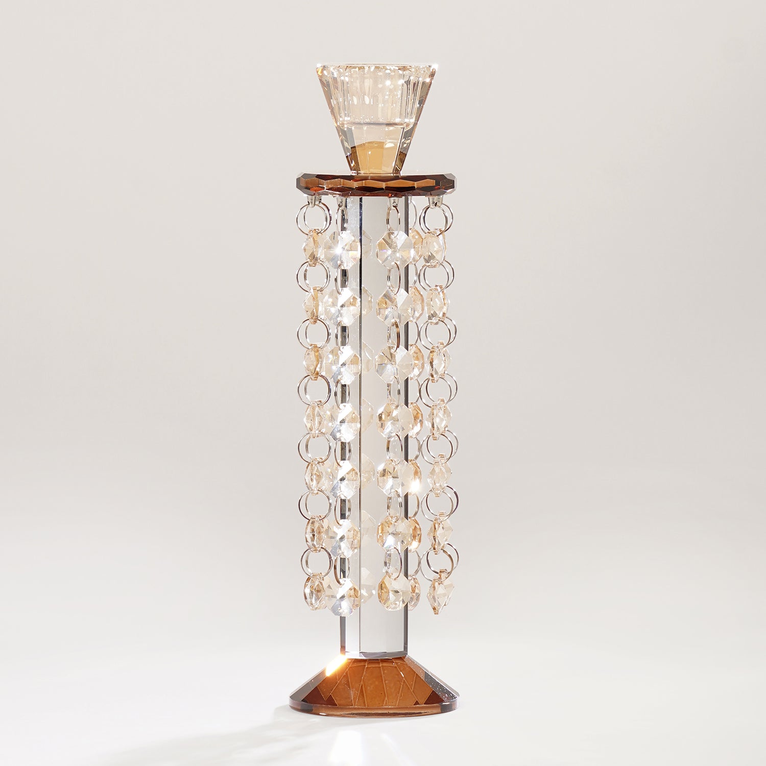 Amber Glass Tapered Candle Holder With Hanging Crystals