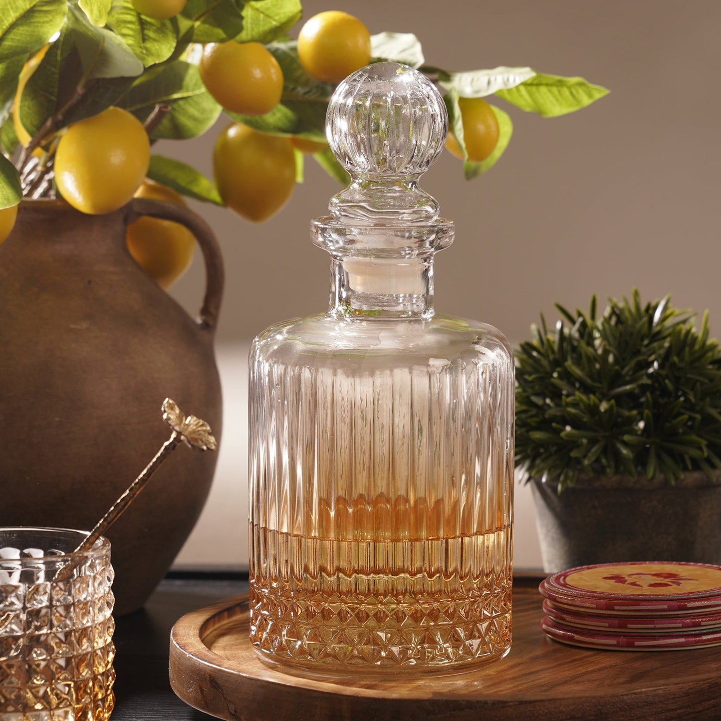 Amber Ombre Ribbed Glass Whiskey Decanter