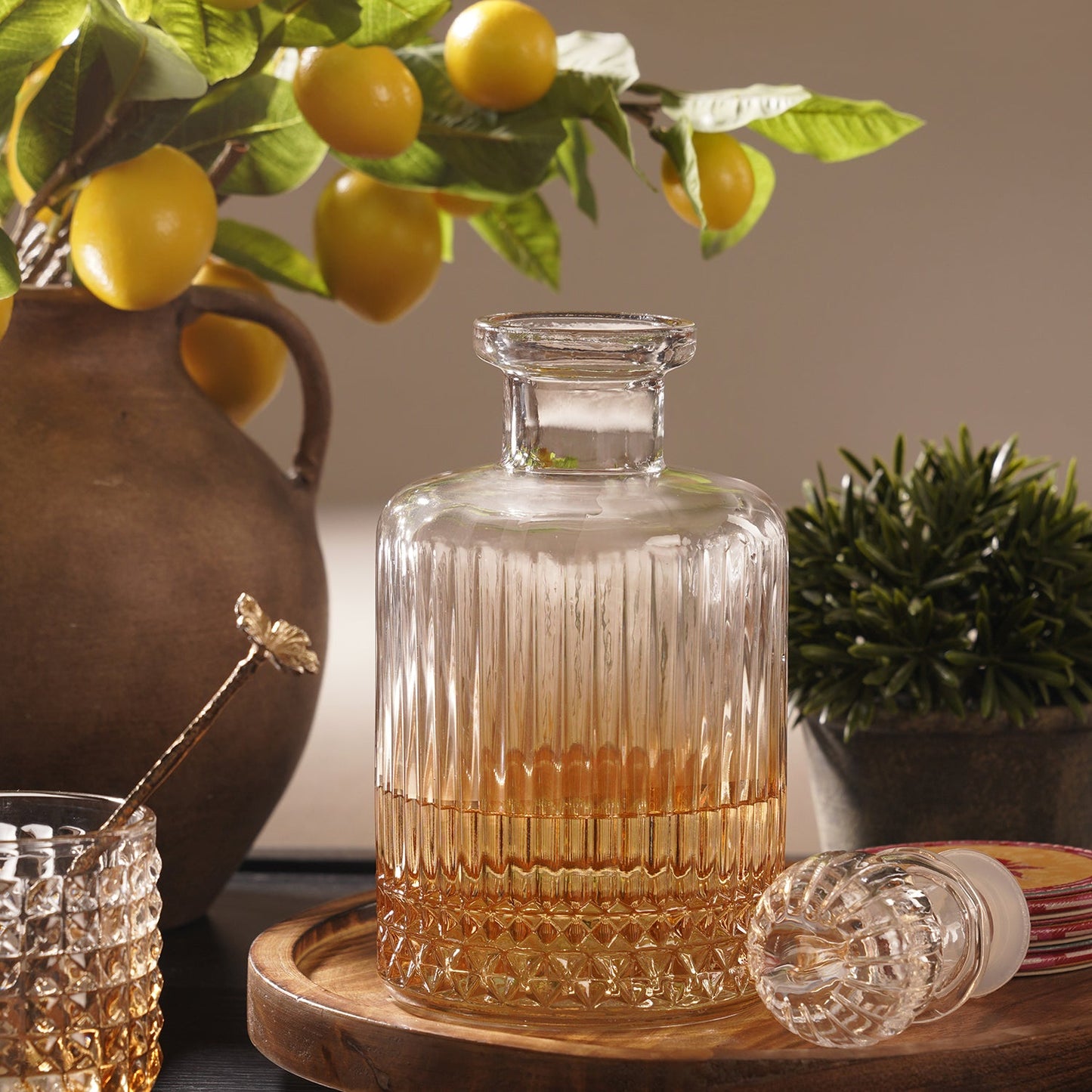 Amber Ombre Ribbed Glass Whiskey Decanter