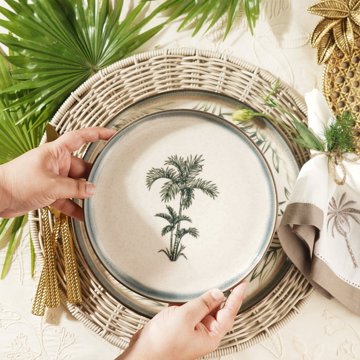Green Ceramic Printed Dessert Plate