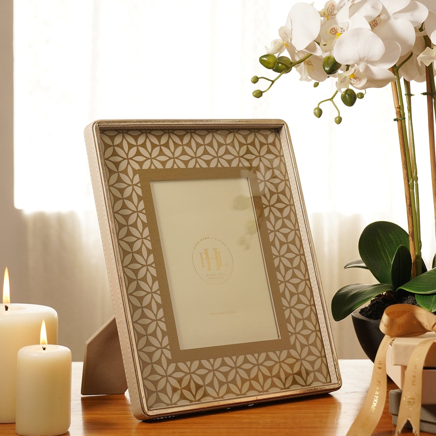 Beige Lazer Cut Faux Leather Photo Frame - Medium