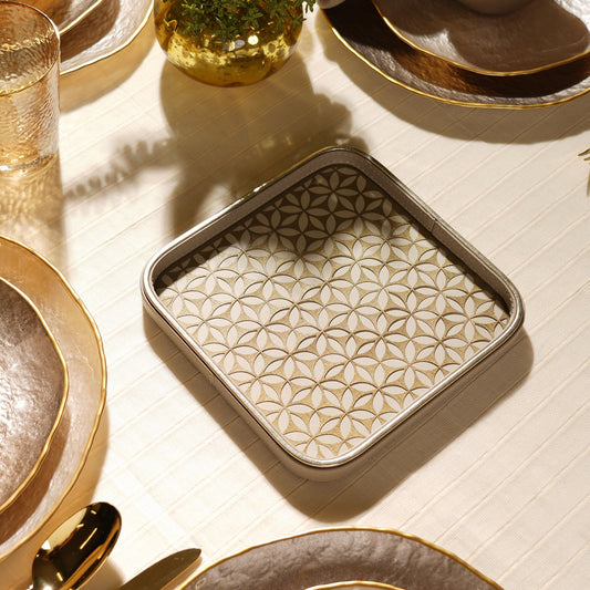 Beige Lazer Cut Faux Leather Platter - Small