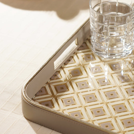 Beige Printed Square Faux Leather Tray