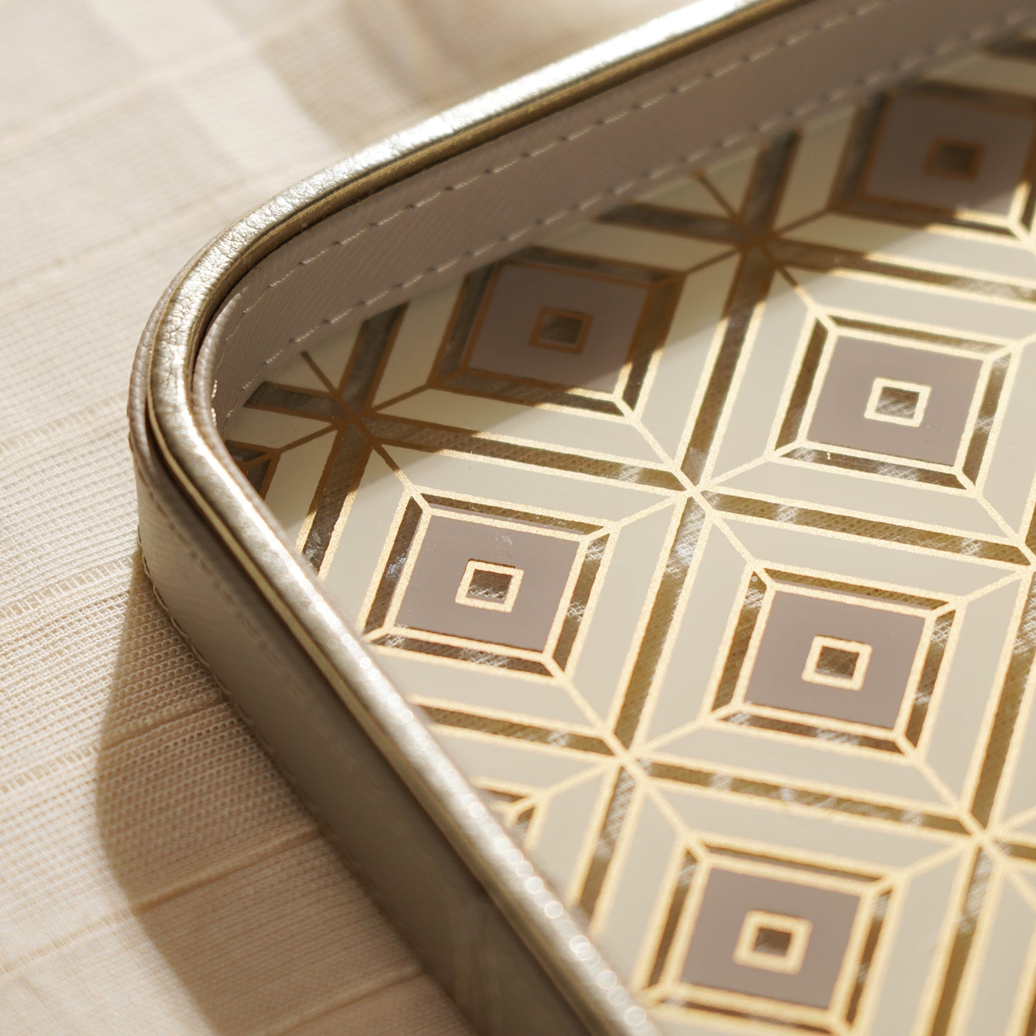 Beige Printed Rectangle Faux Leather Platter