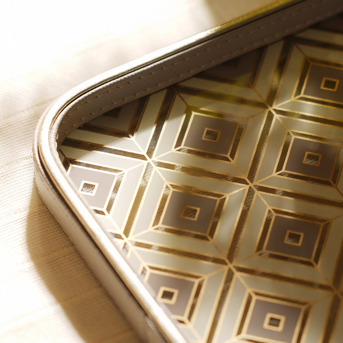 Beige Printed Square Faux Leather Platter - Small