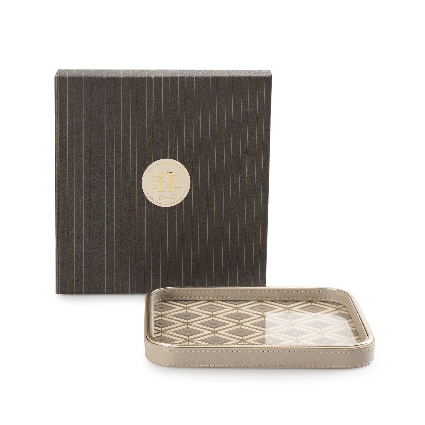 Beige Printed Square Faux Leather Platter - Small