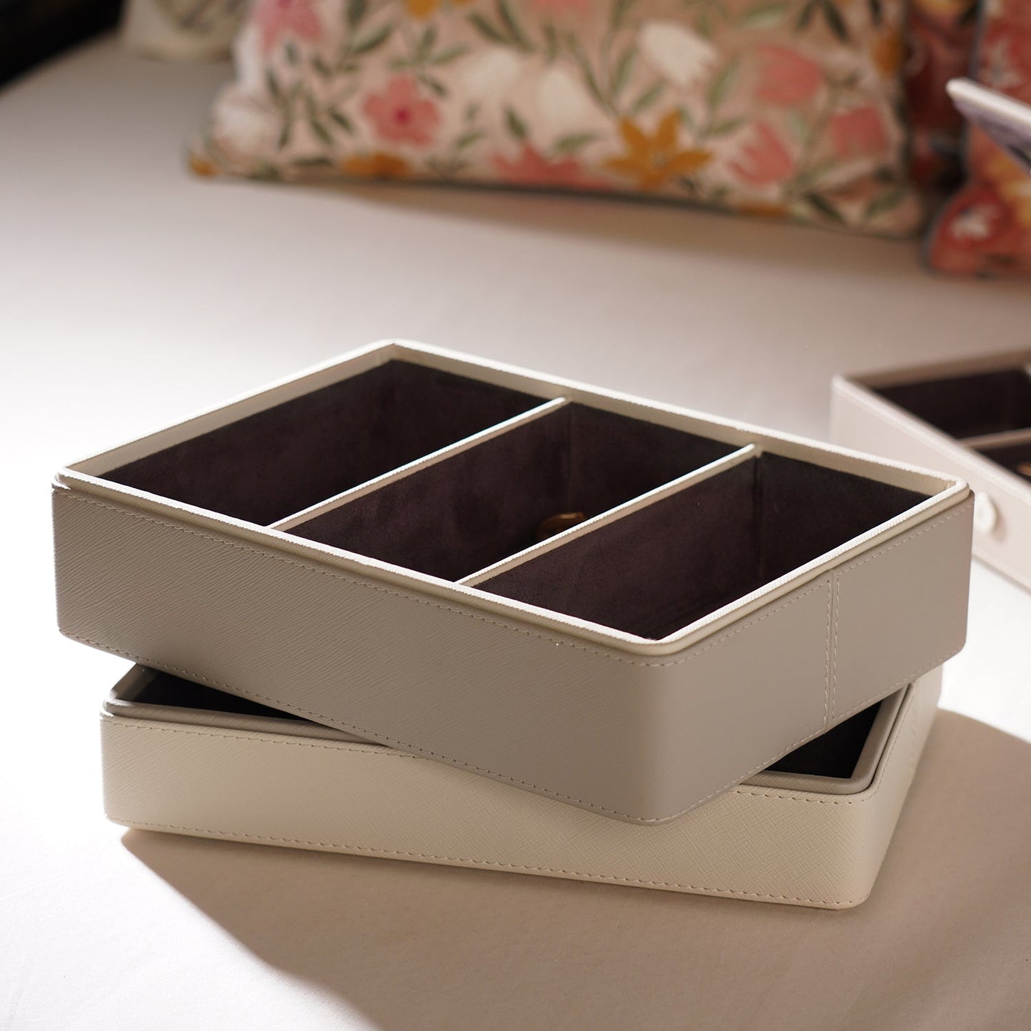 Beige 3 Compartment Faux Leather Organiser
