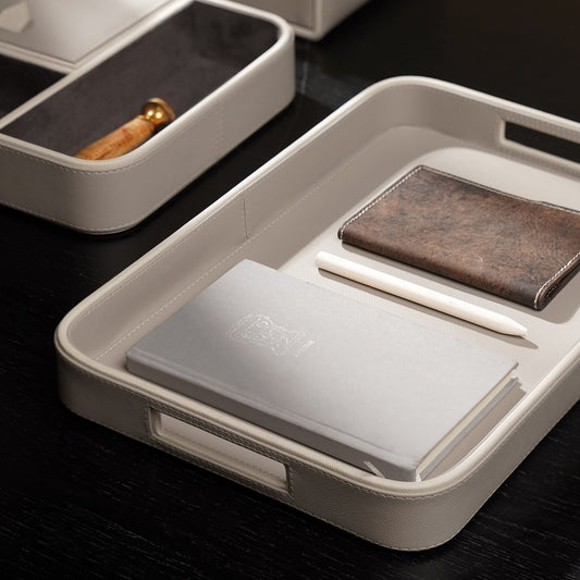 Beige Faux Leather Rectangle Tray